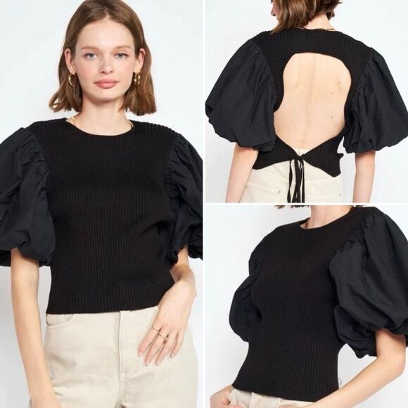 En Saison Maxime Puff Sleeve‎ Ribbed Knit Backless Tied Blouse in Black Size M - Picture 12 of 12